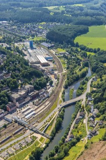 Aerial view, Finnentrop railway station with pedestrian bridge, Finnentrop, Sauerland, North