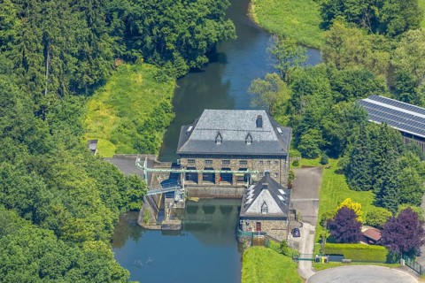 Aerial view, run-of-river power station Lenhausen, river Lenne and Obergraben, Frielentrop,