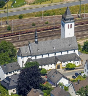 Aerial view, Catholic parish church St. Johannes Nepomuk, Finnentrop, Sauerland, North