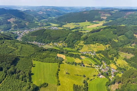 Aerial view, hilly landscape and forest area around Rönkhausen, Finnentrop, Sauerland, North