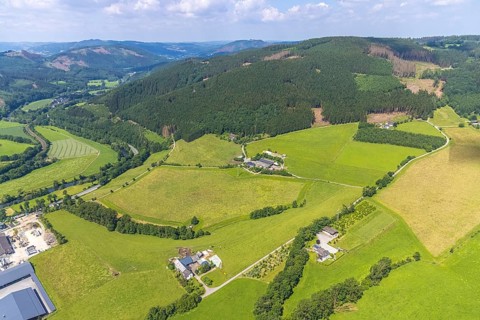Aerial view, forest area with forest damage at Ruthenberg, farms in Pasel district, Plettenberg,