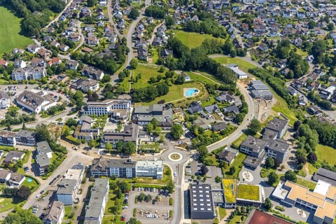 Aerial view, town hall Finnentrop Am Markt, Finto swimming pool, Bigge-Lenne comprehensive school,