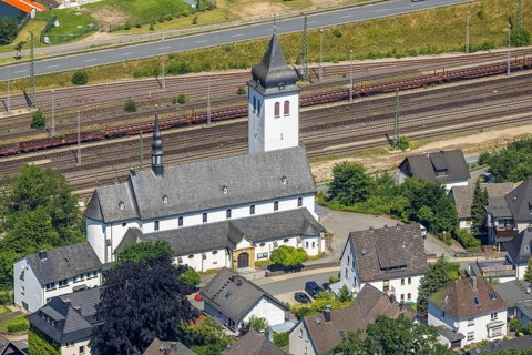 Aerial view, Catholic parish church St. Johannes Nepomuk, Finnentrop, Sauerland, North