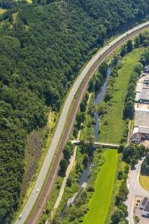 Aerial view, Westfalenstraße and railway tracks with river Lenne, Frielentrop, Finnentrop,