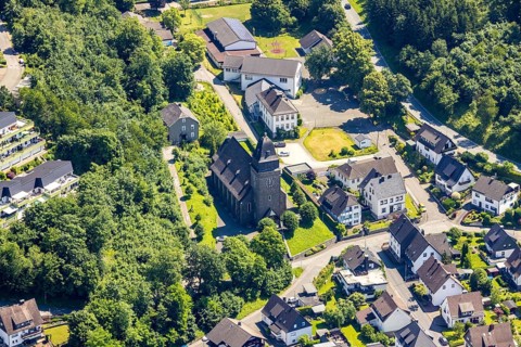 Aerial view, catholic church St. Josef and primary school, Bamenohl, Finnentrop, Sauerland, North