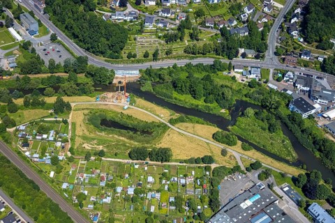 Aerial view, Lennewiesen with Bikepark Finnentrop and construction site at the river Lenne,