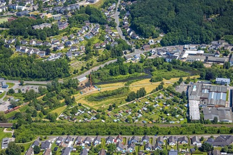 Aerial view, Lennewiesen with Bikepark Finnentrop and construction site at the river Lenne,