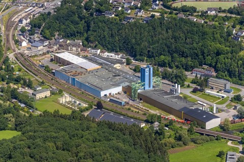 Aerial view, thyssenkrupp Steel Europe AG plant Finnentrop, Altfinnentrop, Finnentrop, Sauerland,