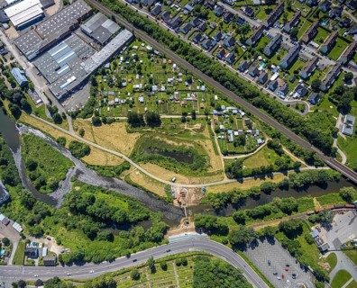 Aerial view, Lennewiesen with Bikepark Finnentrop and construction site at the river Lenne,