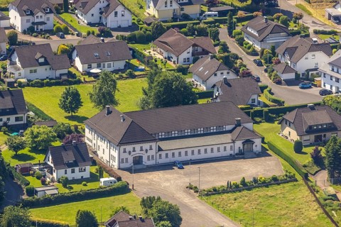 Aerial view, Schützenhalle Heggen, Finnentrop, Sauerland, North Rhine-Westphalia, Germany, DE,