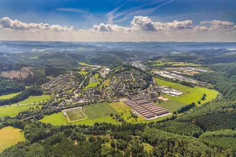 Aerial view, Lenhausen sports ground and Feinblech Systeme GmbH, hilly landscape and view of