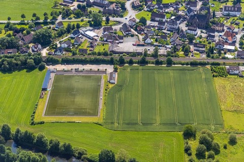 Aerial view, sports field Lenhausen, Lenhausen, Finnentrop, Sauerland, North Rhine-Westphalia,