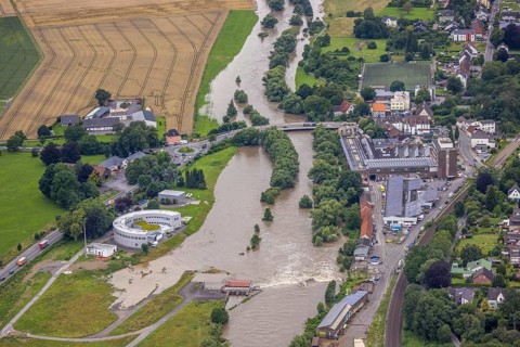 Aerial photo, Ruhr flood, Ardey, Fröndenberg/Ruhr, Ruhr area, North Rhine-Westphalia, Germany, DE,