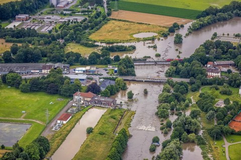 Aerial photo, Ruhr flood, Fröndenberg, Fröndenberg/Ruhr, Ruhr area, North Rhine-Westphalia,