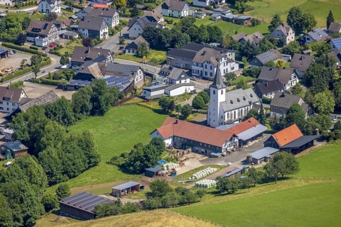 Aerial view, Church of St. Johannes Baptist, Serkenrode, Finnentrop, Sauerland, North