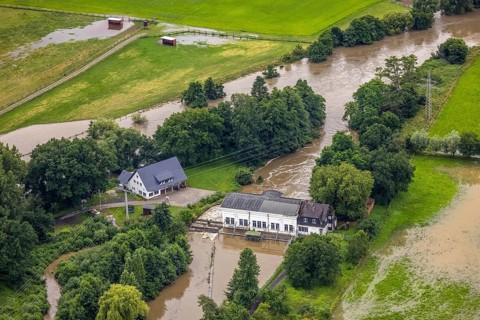 Aerial photo, Ruhr flood, Warmen, Fröndenberg/Ruhr, Ruhr area, North Rhine-Westphalia, Germany, DE,