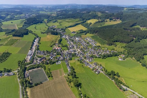 Aerial view, sawmill and village view Serkenrode, Finnentrop, Sauerland, North Rhine-Westphalia,