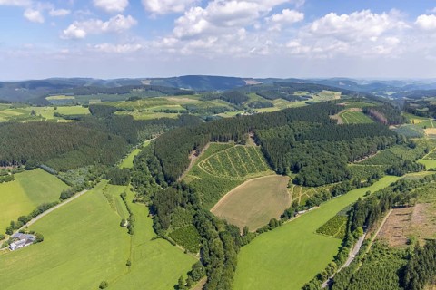 Aerial view, forest area near Serkenrode, Finnentrop, Sauerland, North Rhine-Westphalia, Germany,