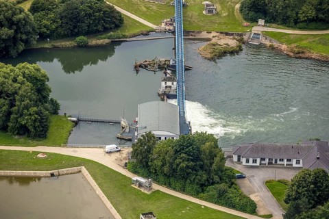 Aerial view, a week ago there was still land under water at this point - the Ruhr was flooding,