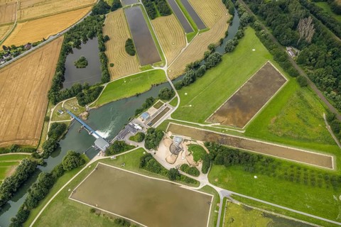 Aerial view, a week ago there was still land under water at this point - the Ruhr was flooding,