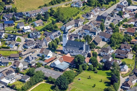 Aerial view, Church of St. Matthias, Fretter, Finnentrop, Sauerland, North Rhine-Westphalia,