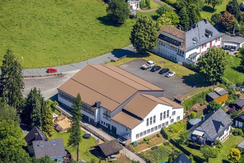Aerial view, Schützenhalle Fretter, Finnentrop, Sauerland, North Rhine-Westphalia, Germany, DE,