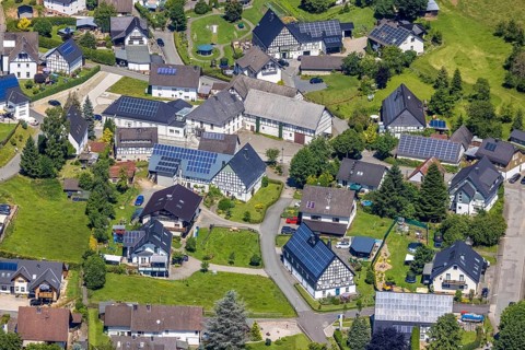 Aerial view, half-timbered houses with solar roof in the centre of Ostentrop, Finnentrop,