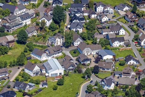 Aerial view, town centre with half-timbered houses in Schönholthausen, Finnentrop, Sauerland, North