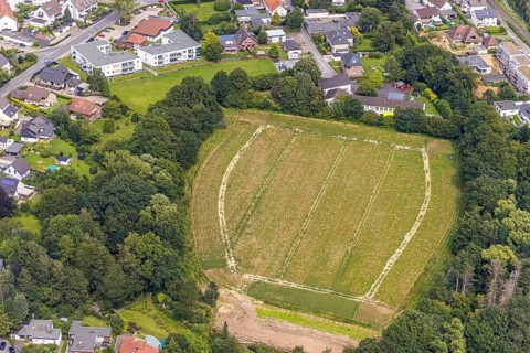 Aerial view, open space with municip. Kindergarten Villa Kunterbunt in the district Ardey,