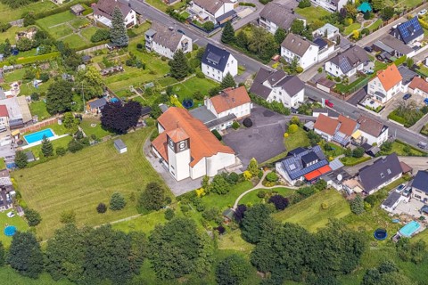 Aerial view, local view district Langschede and catholic St. Konrad church in Fröndenberg/Ruhr,