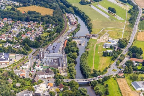 Aerial view, Wasserwerke Westfalen GmbH and Langschede run-of-river power station on the Ruhr