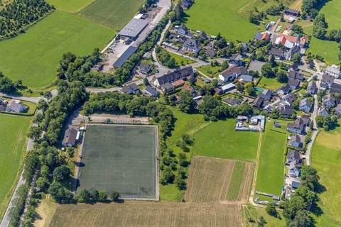 Aerial view, sports field in Serkenrode, Finnentrop, Sauerland, North Rhine-Westphalia, Germany,