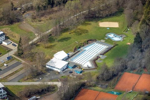 Warm water outdoor swimming pool in the Gambach, Freudenberg, Sauerland, North Rhine-Westphalia,