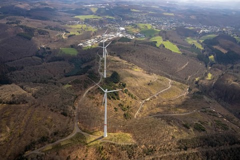 Forest damage and wind turbines Büschergrund, Freudenberg, Sauerland, North Rhine-Westphalia,