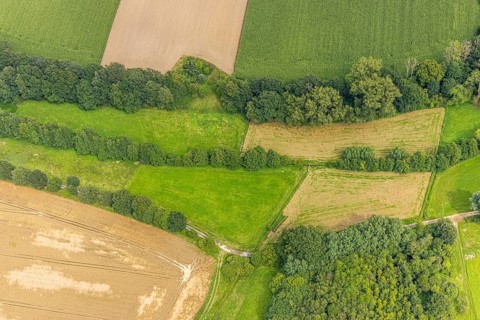 Aerial view, The Rammbach crosses Ölmühlenweg in Warmen near Bentrop, Fröndenberg/Ruhr, Ruhr area,