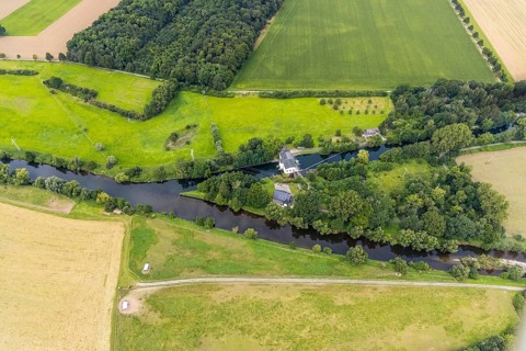 Aerial view, Obergraben with run-of-river power station Wickede and river Ruhr in the district