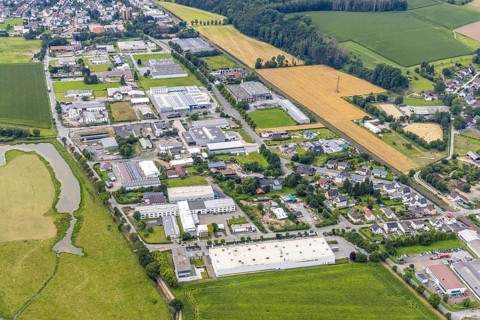 Aerial view, Neimen industrial estate, Fröndenberg/Ruhr, Ruhr area, North Rhine-Westphalia,