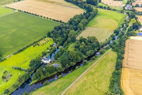 Aerial view, Obergraben with run-of-river power station Wickede and river Ruhr in the district