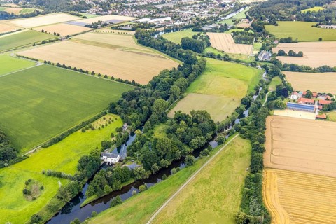 Aerial view, Obergraben with run-of-river power station Wickede and river Ruhr in the district