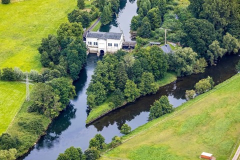 Aerial view, Obergraben with run-of-river power station Wickede and river Ruhr in the district
