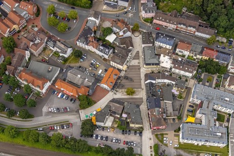 Aerial view, newly designed market place in Fröndenberg, Fröndenberg/Ruhr, Ruhr area, North
