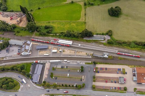Aerial view, Fröndenberg station, Fröndenberg/Ruhr, Ruhr area, North Rhine-Westphalia, Germany,