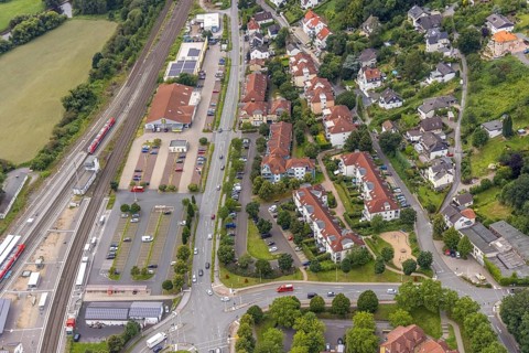 Aerial view, planned reconstruction Harthaer Straße, Wilhelm-Feuerhake-Straße intersection Mendener