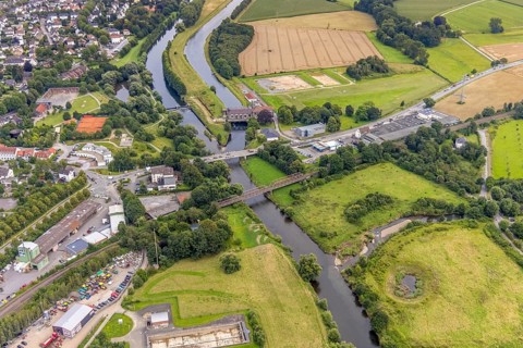 Aerial view, Möllerkraftwerk Schwitten am Obergraben und Fluss Ruhr, Schwitten, Menden, Ruhr Area,