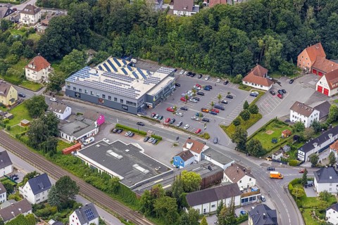 Aerial view, planned new construction of the Fröndenberg rescue station and Edeka Isselmarkt