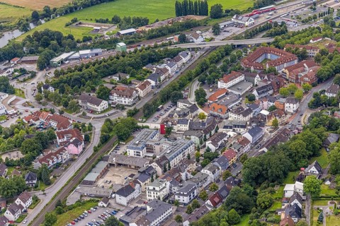 Aerial view, Schmallenbach-Haus Hubertia retirement home and newly designed market square in