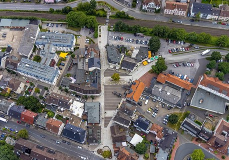 Aerial view, Schmallenbach-Haus Huberti retirement home and newly designed market square in