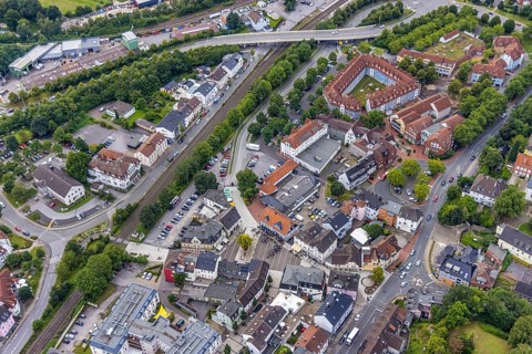 Aerial view, Bruayplatz reconstruction and redesigned market square in Fröndenberg,