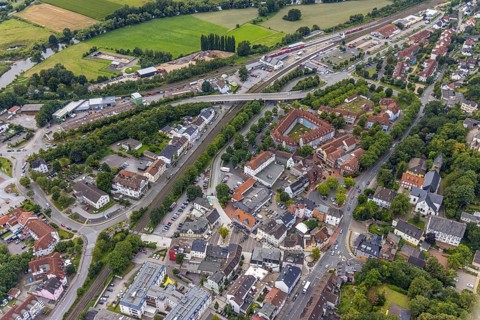 Aerial view, Bruayplatz reconstruction and redesigned market square in Fröndenberg,