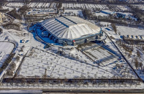 Aerial view, Schalke Veltins-Arena with closed roof and extension area for grass,